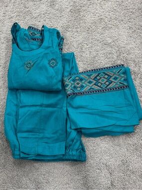 Turquoise Embroidered Three-Piece Set